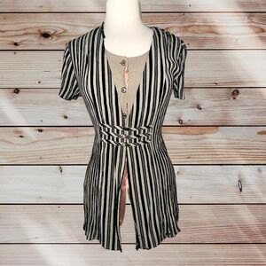 F1 Vintage DJ & Co Dawn Joy women's blouse 80s Made in USA Black Tan shirt top 8